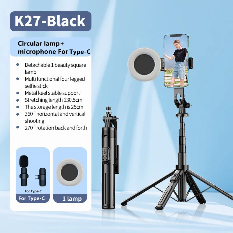 Roreta 1.3m Selfie Stick Tripod Stand for iPhone Samsung Huawei Cellphone Extendable Phone Tripod with Wireless Remote